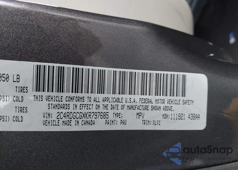 2019 Dodge Grand Caravan Sxt из США, поврежденный, VIN 2C4RDGCGXKR797685